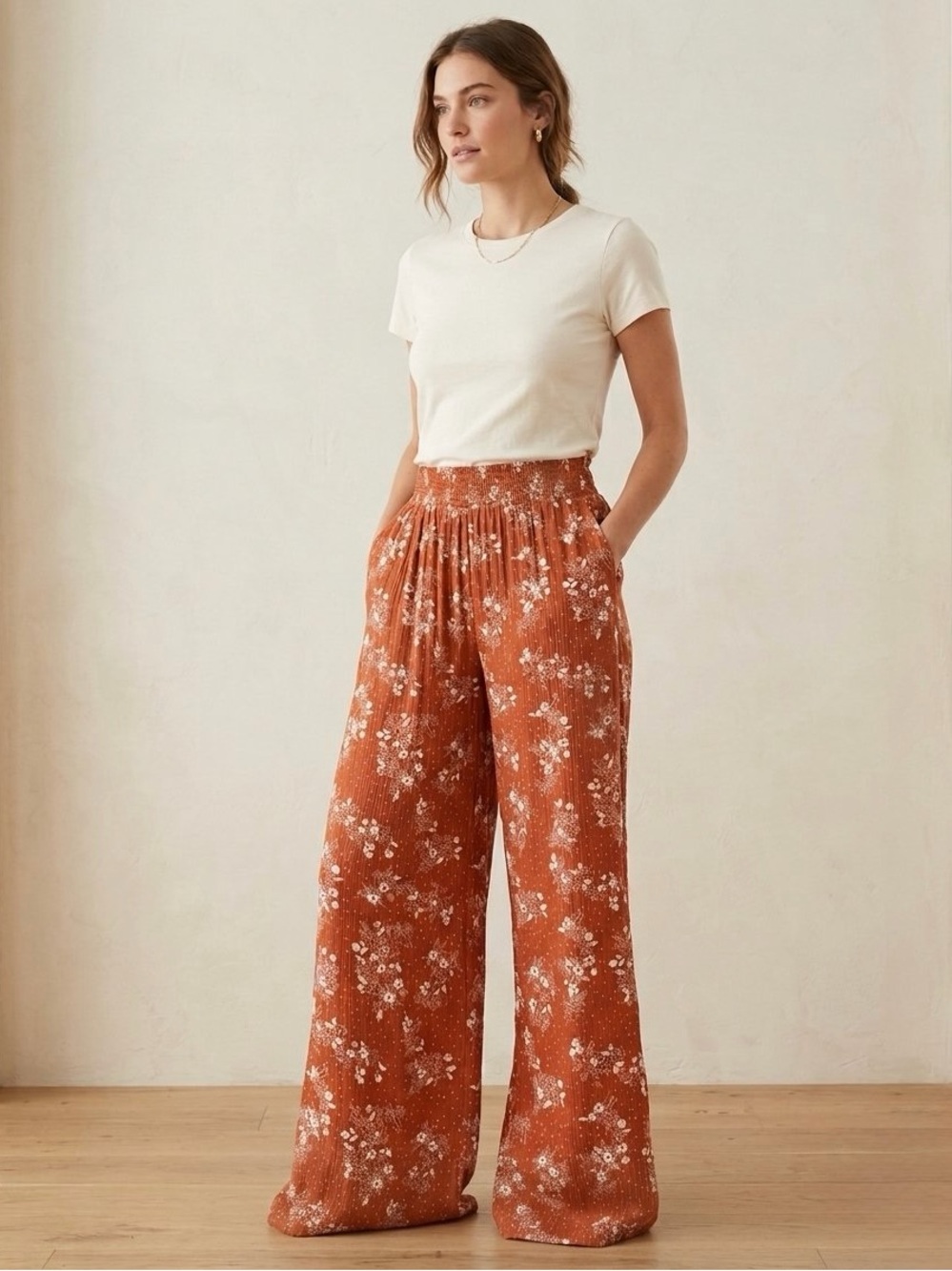 THREE DOTS TO Rust Floral Wide Leg Palazzo Pants - Size M